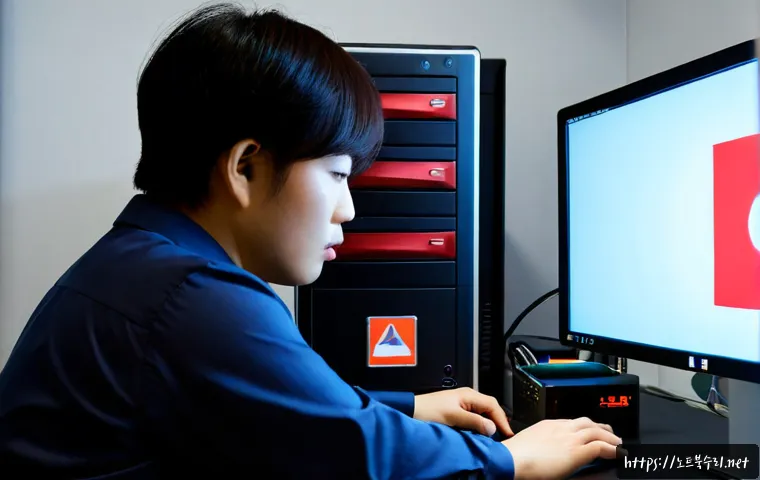 관철동 STATUS_DISK_WRITE_FAILURE - Photorealistic IT technician in a compact Gwancheol-dong office workstation, examining an external S...