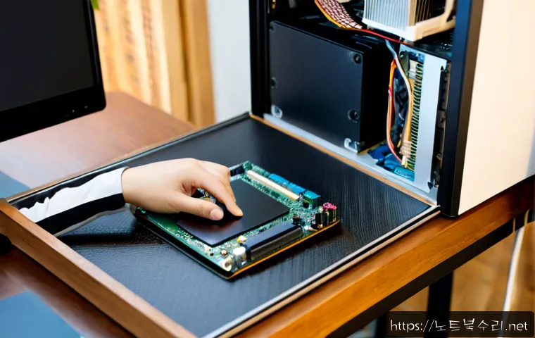 인사동 SSD조립 및 교체수리 - Photorealistic PC repair workstation in an Insadong-inspired traditional interior, technician carefu...