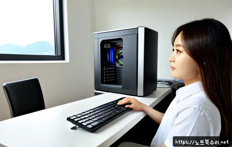 홍은동 팬돌다 멈춤 - Photorealistic home office workstation in a compact hillside apartment, desktop tower with side pane...