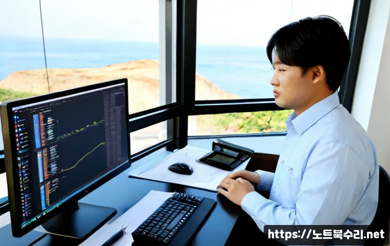 을왕동 pc복구중 - Photorealistic coastal home-office workstation in Eulwangdong during PC recovery, technician careful...