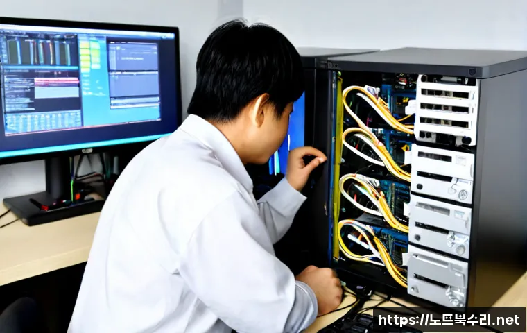 노량진 NMI_HARDWARE_FAILURE - Photorealistic IT support workstation in a compact Noryangjin-style office, technician examining an ...