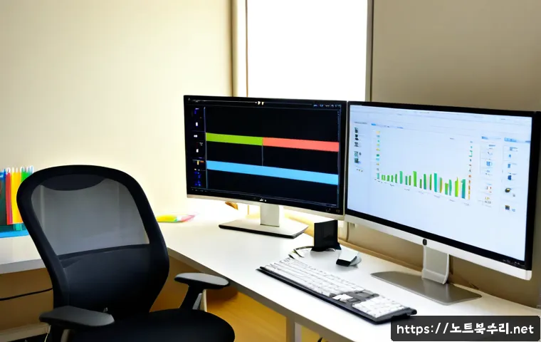 운정동 MEMORY_MANAGEMENT - Photorealistic modern workstation in a quiet Unjeong-dong apartment office, dual monitors showing a ...