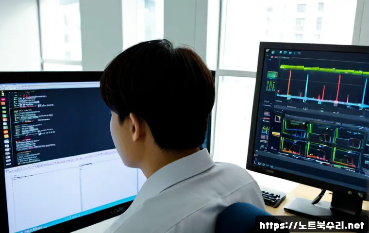 고잔동 STATUS_KERNEL_MEMORY_LEAK - Photorealistic IT support workstation in a modern Gojan-dong office, dual monitors showing abstract ...
