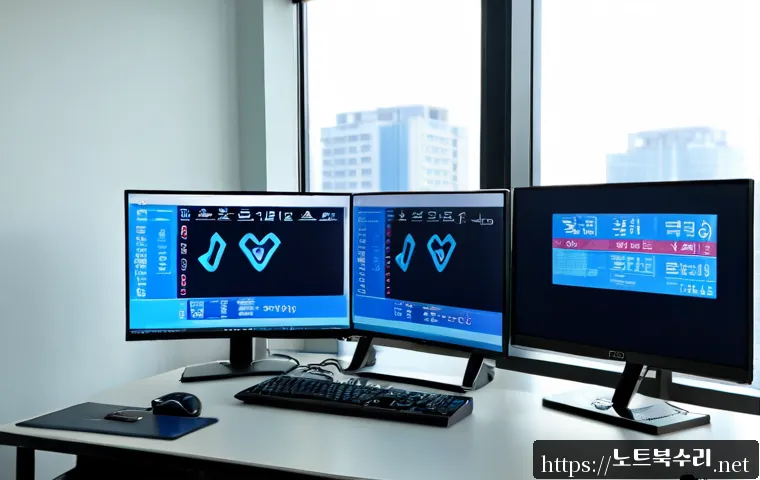 수청동 SYSTEM_THREAD_EXCEPTION_NOT_HANDLED - Photorealistic remote IT support workstation in a modern Suchong-dong apartment office, dual monitor...