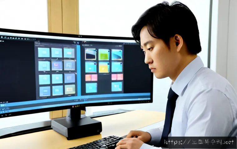 발산동 CRITICAL_OBJECT_TERMINATION - Photorealistic remote-support workstation in Balsan-dong, Seoul, a focused IT technician reviewing a...