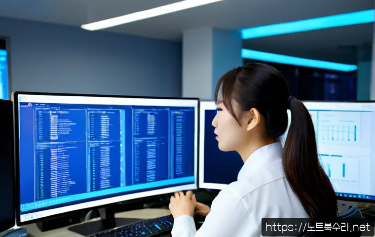 상면 NDIS_INTERNAL_ERROR - Photorealistic IT support workstation in a modern Seoul high-rise office, network technician reviewi...