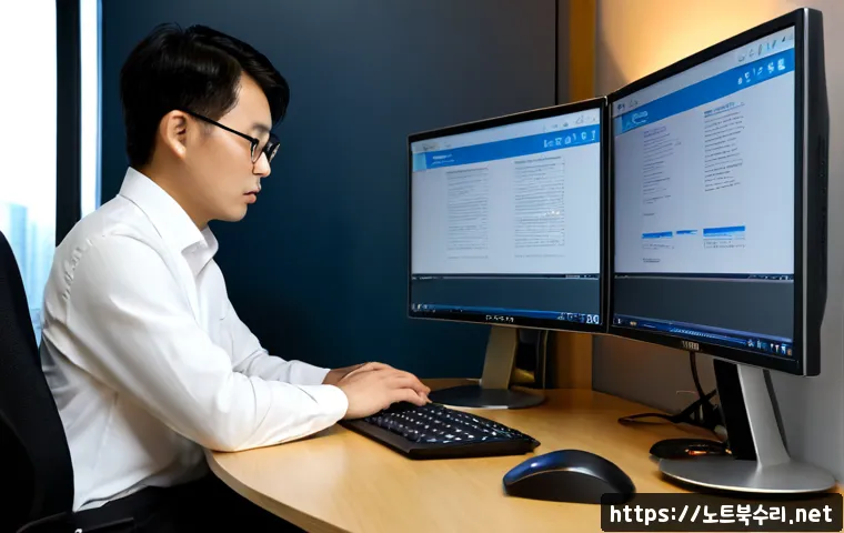 삼성동 PFN_LIST_CORRUPT - Photorealistic IT support workstation in a sleek Samsung-dong office tower, dual monitors showing a ...