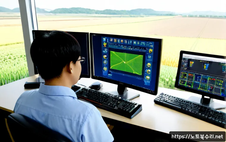 하성면 STATUS_KERNEL_CONFIGURATION_ERROR - Photorealistic remote-support workstation in a quiet rural Korean office, dual monitors showing a no...