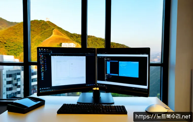 염리동 SYSTEM_LICENSE_VIOLATION - Photorealistic IT support workstation in a compact Yeomni-dong apartment office, dual monitors showi...