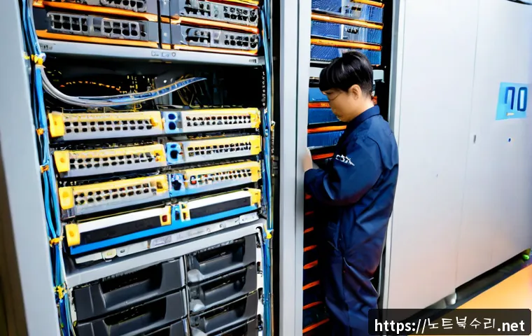 송림동 server출장방문수리점 - Photorealistic on-site server repair in a compact Songnim-dong office building, technician in neat w...
