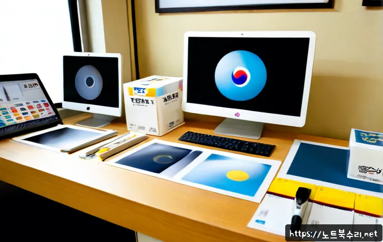 방산동 STATUS_IMAGE_NOT_FOUND - Photorealistic product design workstation in a compact Bangsan-dong printing-supply studio, dual mon...