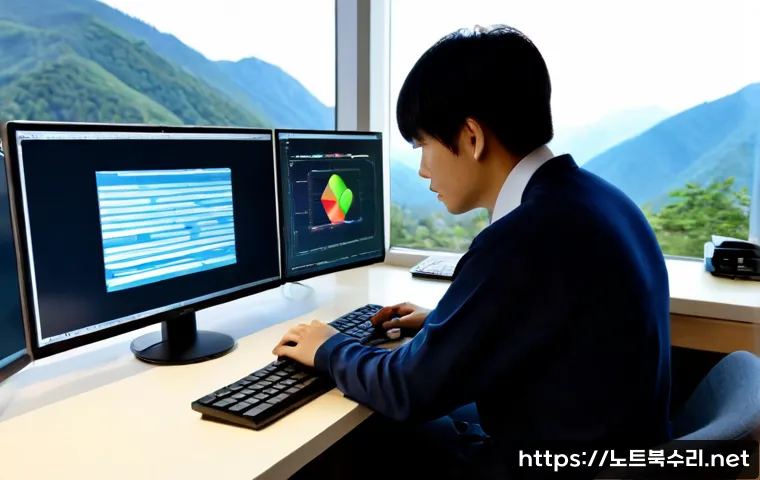북면 STATUS_INVALID_LOCK_SEQUENCE - Photorealistic remote-support workstation in a quiet North Myeon office, dual monitors showing an ab...