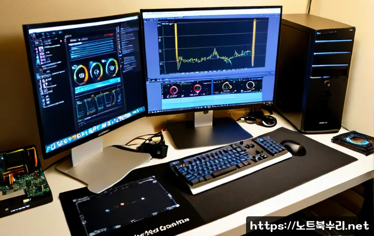 평내동 오버클럭 뚜따 - Photorealistic desktop PC tuning workstation in a compact apartment near a quiet suburban rail corri...