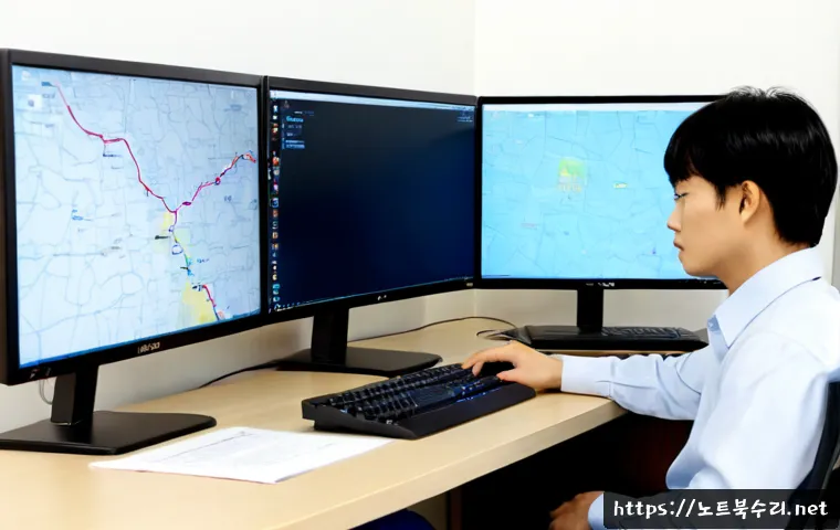 금토동 PAGE_TABLE_CORRUPT - Photorealistic IT support workstation in a quiet Korean suburban office near low wooded hills, dual ...