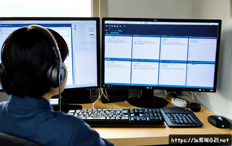 일죽면 UDFS_FILE_SYSTEM - Photorealistic remote-support workstation in a quiet rural Korean office, dual monitors showing an a...
