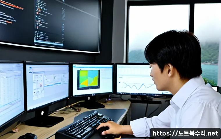연평면 DRIVER_IRQL_NOT_LESS_OR_EQUAL - Photorealistic remote IT support workstation in a quiet Yeonpyeong-myeon island office, dual monitor...
