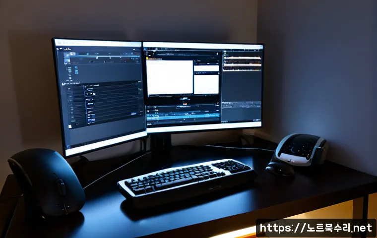고등동 절전모드 - Photorealistic remote-support workstation in a compact Korean apartment office, dual monitors softly...