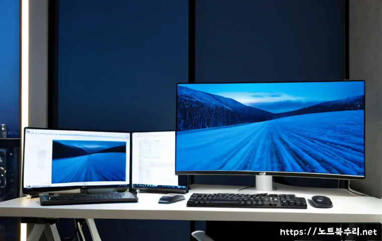 대치동 DRIVER_POWER_STATE_FAILURE - Photorealistic Daechi-dong home office workstation at dawn, dual monitors frozen on abstract blue sy...