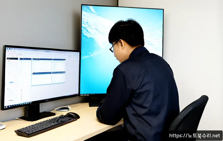 숭인동 BUGCODE_USB_DRIVER - Photorealistic IT support workstation in a compact Sungin-dong office, desktop tower opened beside a...