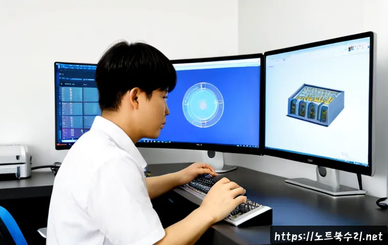 삼가동 THREAD_TERMINATION_PORT - Photorealistic industrial design workstation, engineer viewing a detailed 3D CAD model of a threaded...