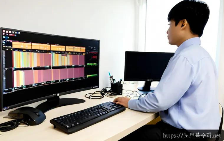 아양동 SESSION_HAS_NO_PAGEFILE - Photorealistic IT support workstation in a compact Ayang-dong apartment office, dual monitors showin...