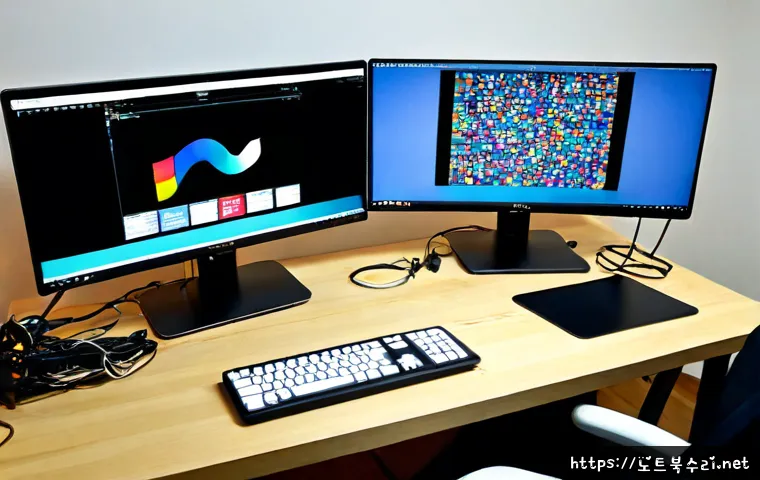 유동 STATUS_IMAGE_CORRUPTION - Photorealistic remote-support workstation in a compact Hongdae-style creative studio, dual monitors ...
