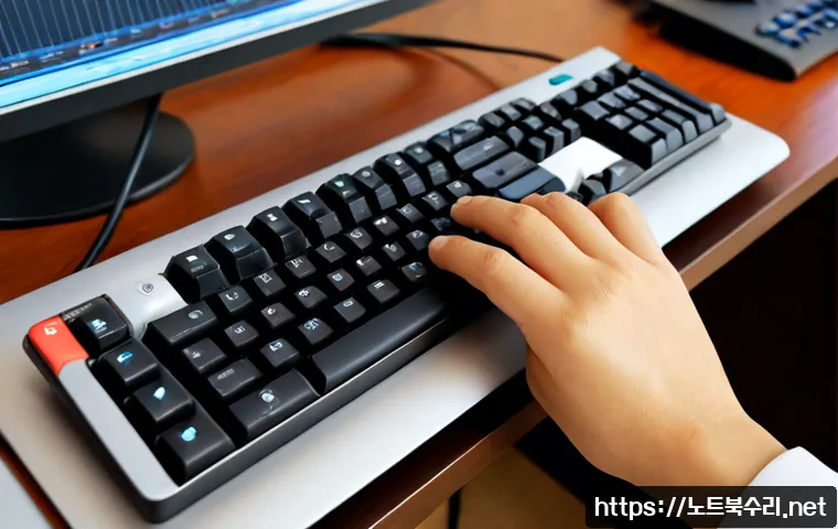 원남동 f4키 누르라고 할때 - Photorealistic close-up of a remote support technician’s hand pressing the fourth function key posit...
