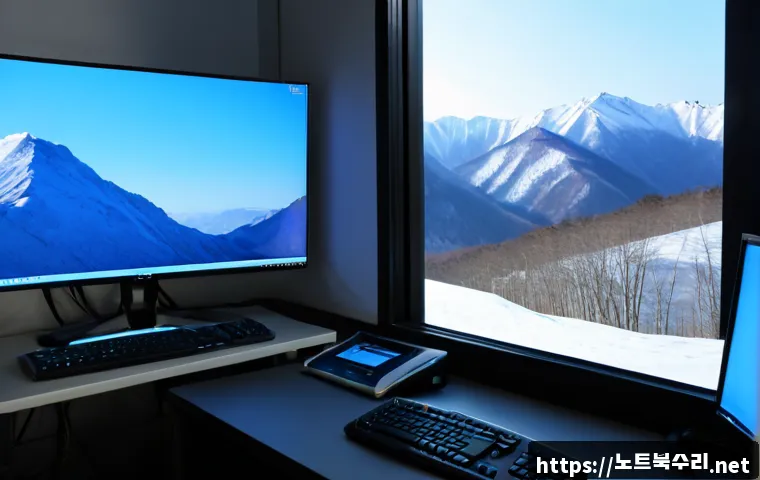 영동 VIDEO_TDR_FAILURE - Photorealistic IT support workstation in a quiet Yeongdong county office, dual monitors showing a bl...