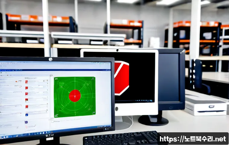 장지동 STATUS_SYSTEM_LICENSE_INVALID - Photorealistic IT support workstation in a modern Jangji-dong logistics office, dual monitors showin...