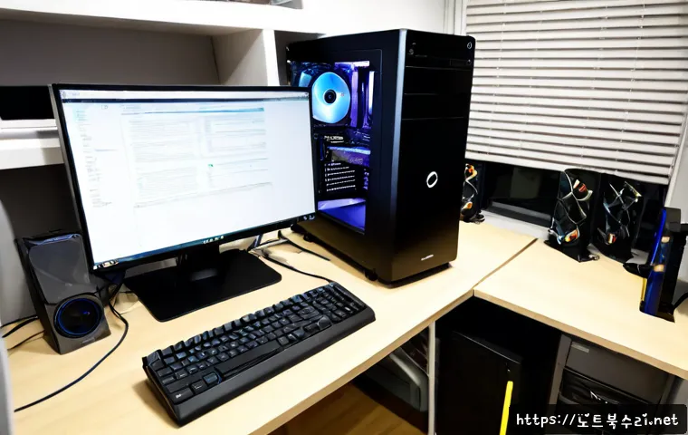 무학동 조립컴퓨터 pc 출장판매설치 - Photorealistic compact PC installation workstation inside a neat apartment in Muhak-dong, technician...