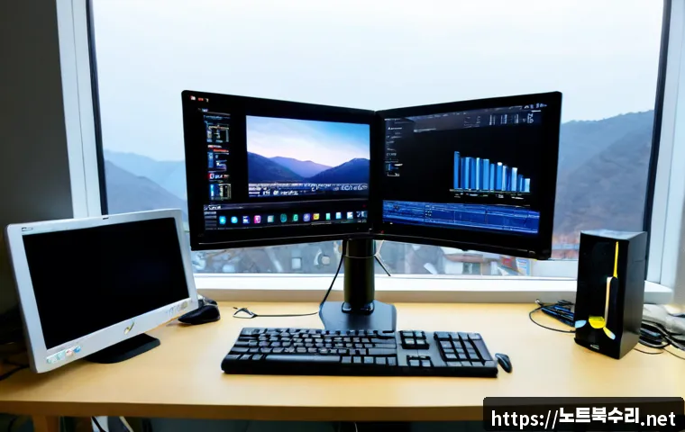 신교동 VIDEO_DRIVER_INIT_FAILURE - Photorealistic workstation in a compact Seongyo-dong apartment office at dawn, dual monitors showing...