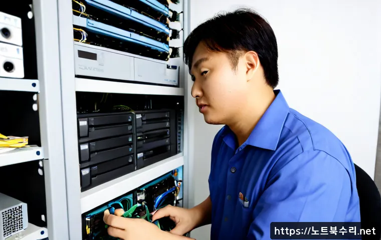 원미동 파일서버출장방문수리점 - Photorealistic onsite file server repair in a compact Wonmi-dong office, technician examining a rack...