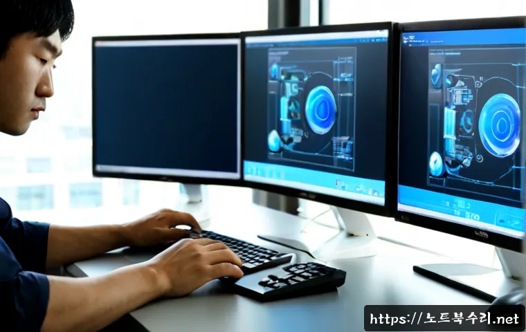 성남시 STATUS_KERNEL_EXECUTION_ERROR - Photorealistic Pangyo technology office, IT specialist troubleshooting a powerful desktop workstatio...