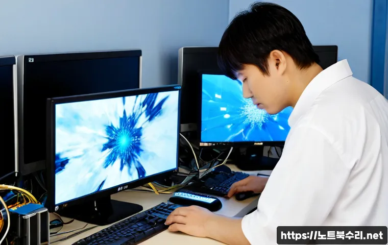 금정동 VIDEO_TDR_FAILURE - Photorealistic computer repair studio in a quiet Korean residential-commercial district, dual-monito...