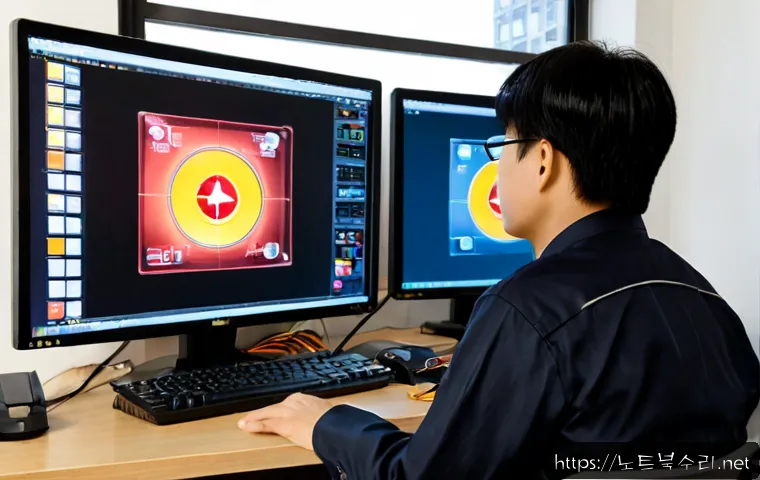 안현동 FAT32_FILE_SYSTEM - Photorealistic IT support workstation in a compact Korean neighborhood office, technician examining ...