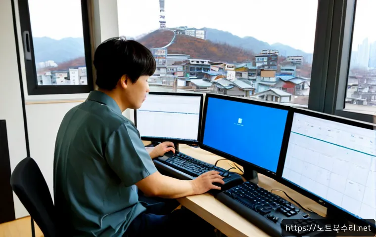 누상동 STATUS_KERNEL_BLOCKED - Photorealistic remote-support workstation in a compact hillside apartment near an old Seoul neighbor...