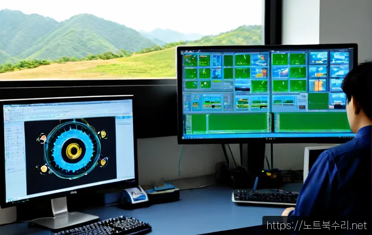 경기광주 VENDOR_DEFINED_ERROR - Photorealistic IT support workstation in a modern Gwangju office, technician viewing a complex CAD-s...