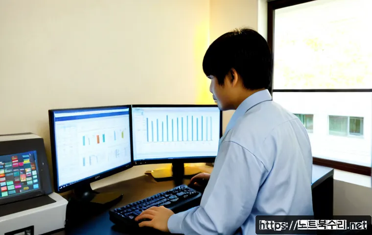 용동 STATUS_KERNEL_MEMORY_LEAK - Photorealistic remote IT support workstation in a compact Korean office, technician studying a multi...