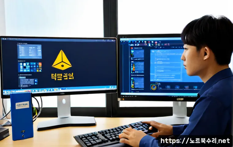 정남면 UNMOUNTABLE_BOOT_VOLUME - Photorealistic IT support workstation in a small industrial office near Jeongnam-myeon, desktop towe...