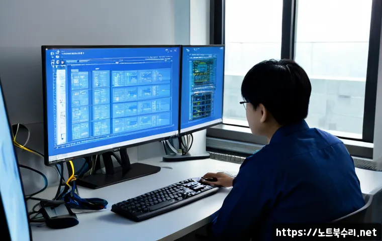 동두천동 DPC_WATCHDOG_VIOLATION - Photorealistic IT support workstation in Dongducheon, dual monitors showing a clean abstract blue sy...