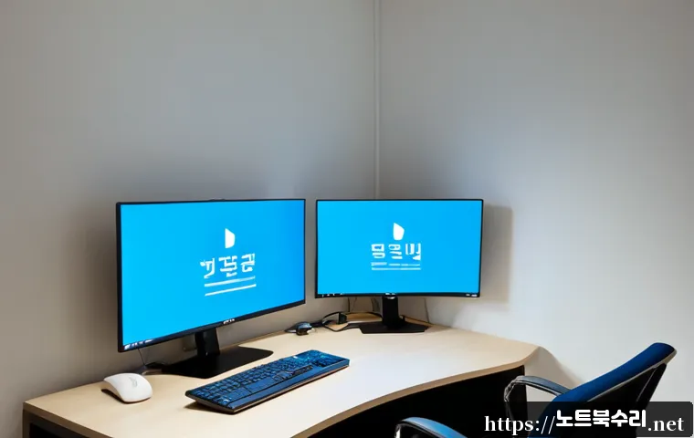 관문동 IO1_INITIALIZATION_FAILED - Photorealistic remote-support workstation in a compact Gwanmun-dong office, dual monitors showing a ...