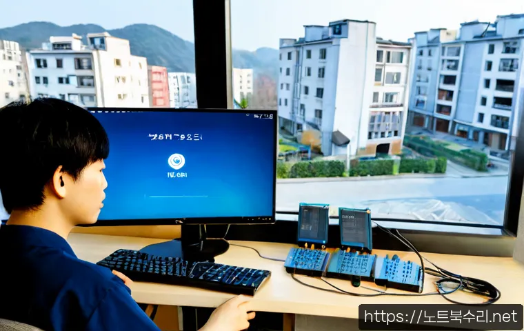 산북동 STATUS_CONNECTION_REFUSED - Photorealistic remote-support workstation in a quiet Korean neighborhood apartment, dual monitors sh...