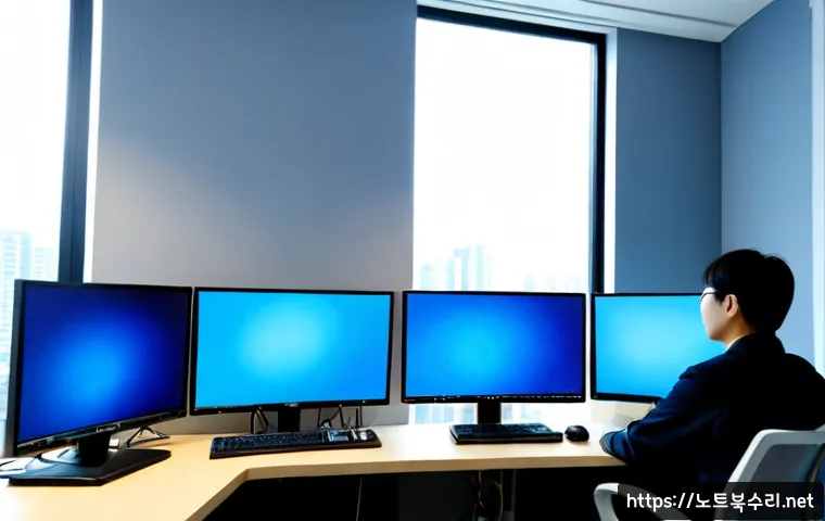 곡반정동 STATUS_KERNEL_INIT_FAILURE - Photorealistic IT support workstation in a modern residential district office, dual monitors showing...
