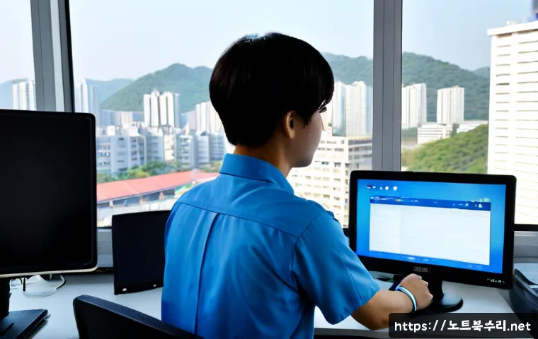 수정구 STATUS_KERNEL_CONFIGURATION_ERROR - Photorealistic IT support workstation in Sujeong-gu, Seongnam, dual monitors showing a blank blue sy...