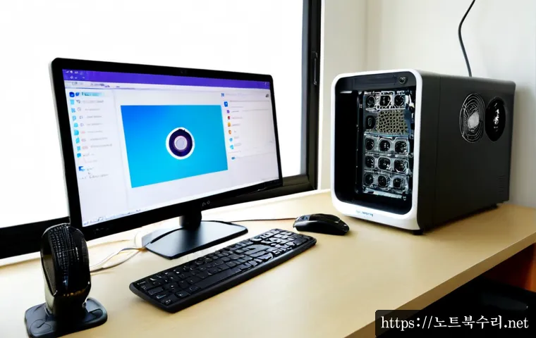 곡선동 팬돌다 멈춤 - Photorealistic home-office workstation in Gokseon-dong, Suwon, desktop computer with a side panel re...