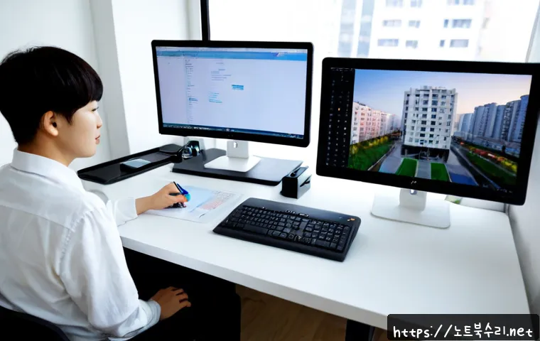 상야동 SESSION5_INITIALIZATION_FAILED - Photorealistic remote-support workstation in a compact Sangya-dong apartment office, dual monitors s...