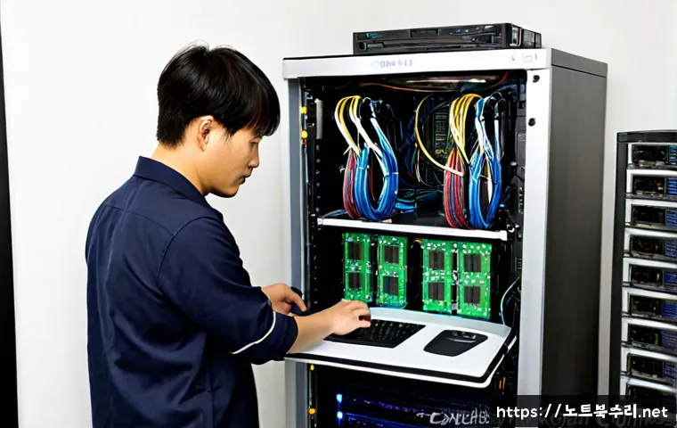 일패동 서버출장방문수리점 - Photorealistic onsite server repair in a compact apartment-office near a quiet hillside district, te...