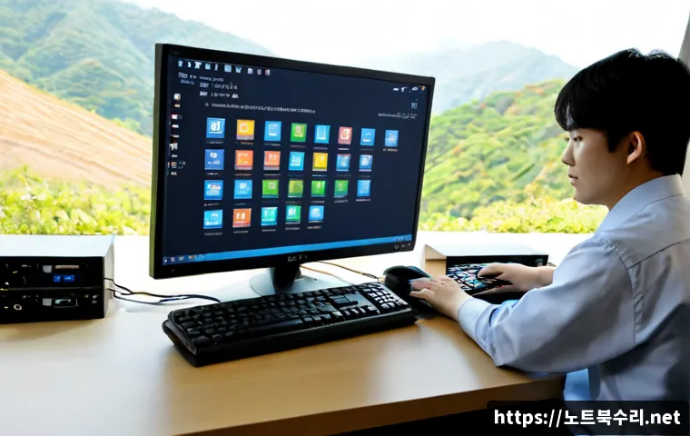 중부면 STATUS_PAGEFILE_MISSING - Photorealistic IT support workstation in a quiet suburban Korean office, dual monitors showing a bla...
