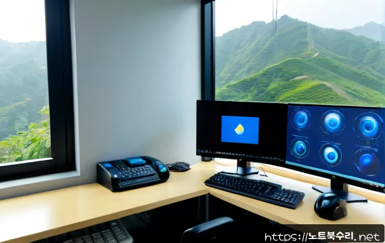 상봉암동 STATUS_KERNEL_APC_PENDING - Photorealistic IT support workstation in a compact Seoul apartment office, dual monitors showing abs...