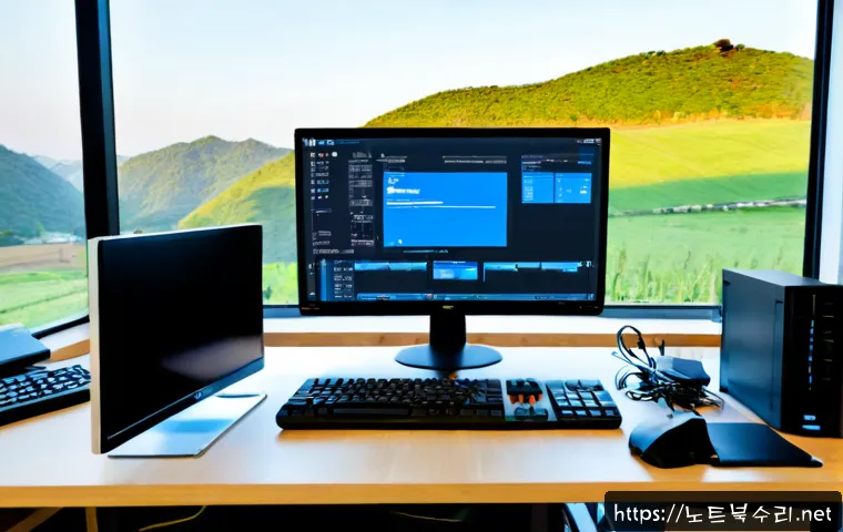 남면 DRIVER_PORTION_MUST_BE_NONPAGED - Photorealistic remote-support workstation in a quiet Nam-myeon farmhouse office, dual monitors showi...